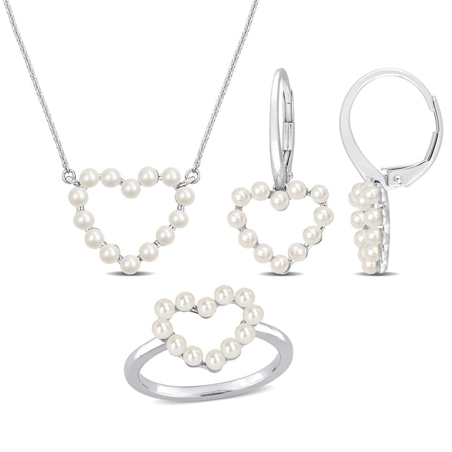Freshwater Cultured Pearl Heart White Gold Earrings, Necklace, and Ring Gift Set - Size 5
