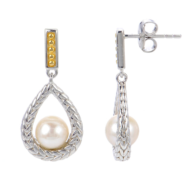 Freshwater Cultured Pearl Two-Tone Wheat Textured Drop Earrings
