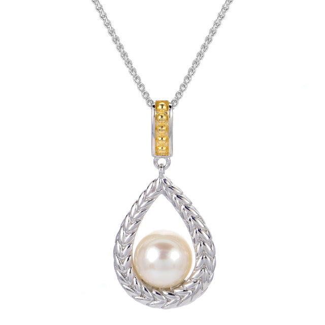 Freshwater Cultured Pearl Two-Tone Wheat Textured Pendant Necklace