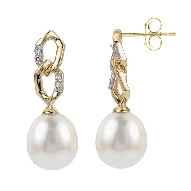 Freshwater Cultured Pearl and 1/20ctw Diamond Yellow Gold Drop Earrings
