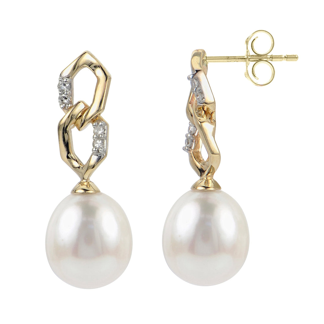 Freshwater Cultured Pearl and 1/20ctw Diamond Yellow Gold Drop Earrings