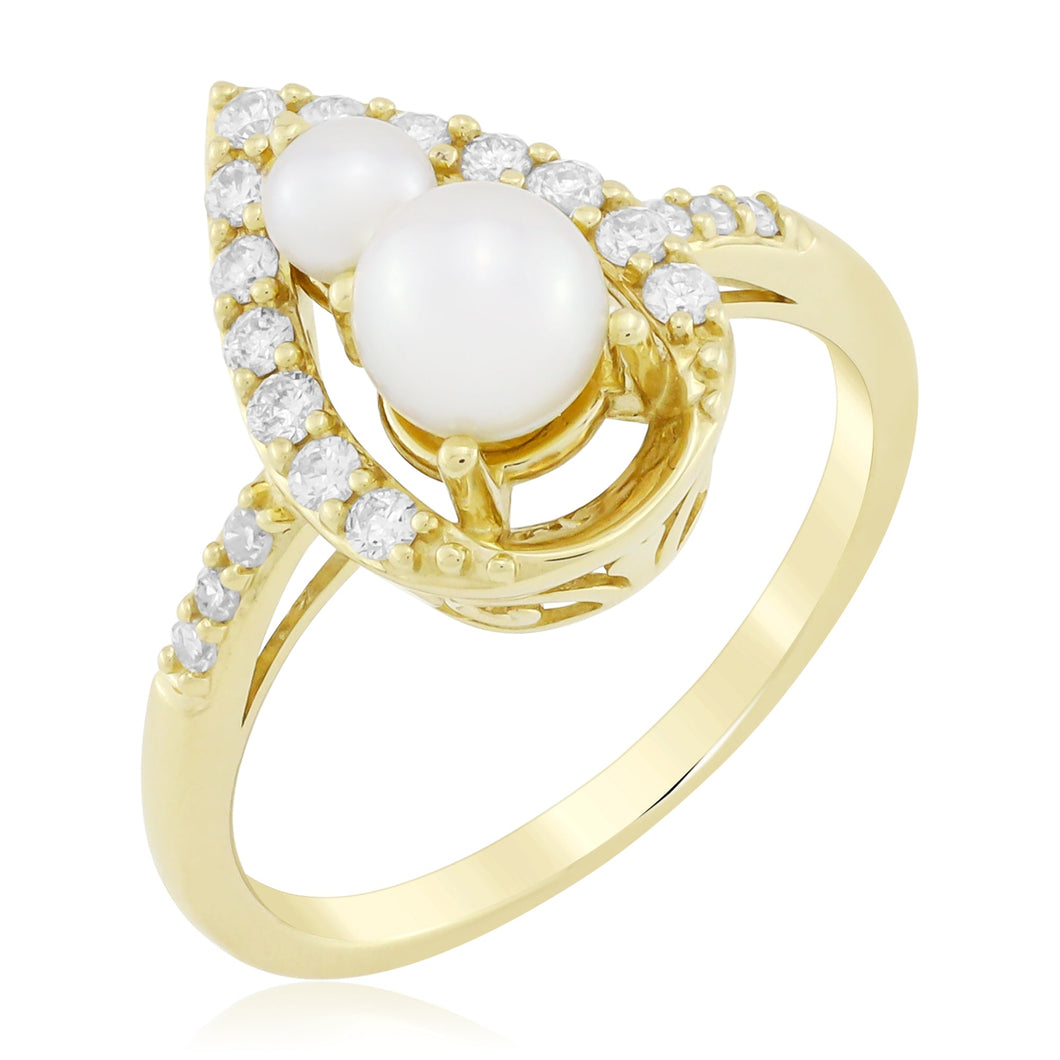 Freshwater Cultured Pearl and 1/4ctw Diamond Pear Frame Yellow Gold Ring - Size 7