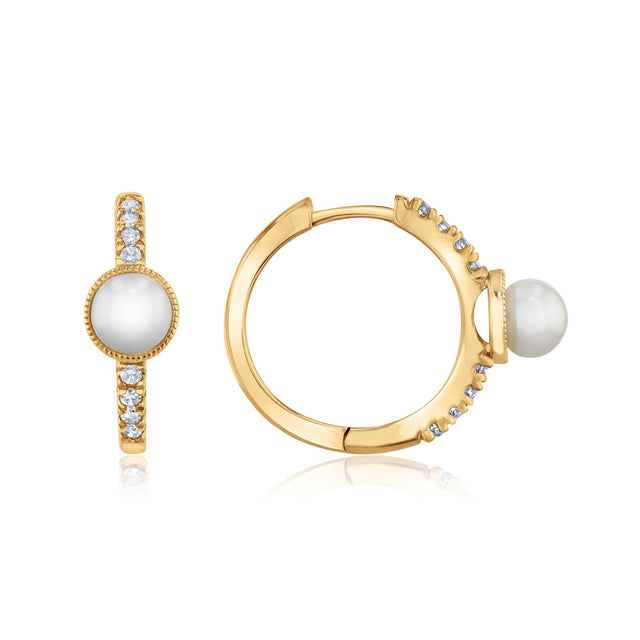 Freshwater Cultured Pearl and 1/6ctw Diamond Yellow Gold Huggie Hoop Earrings