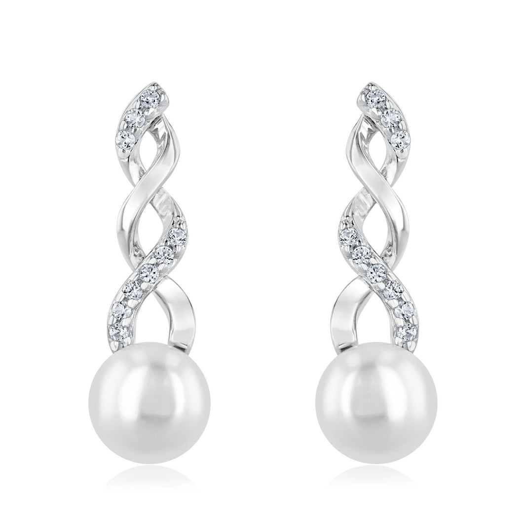 Freshwater Cultured Pearl and Created White Sapphire Sterling Silver Earrings