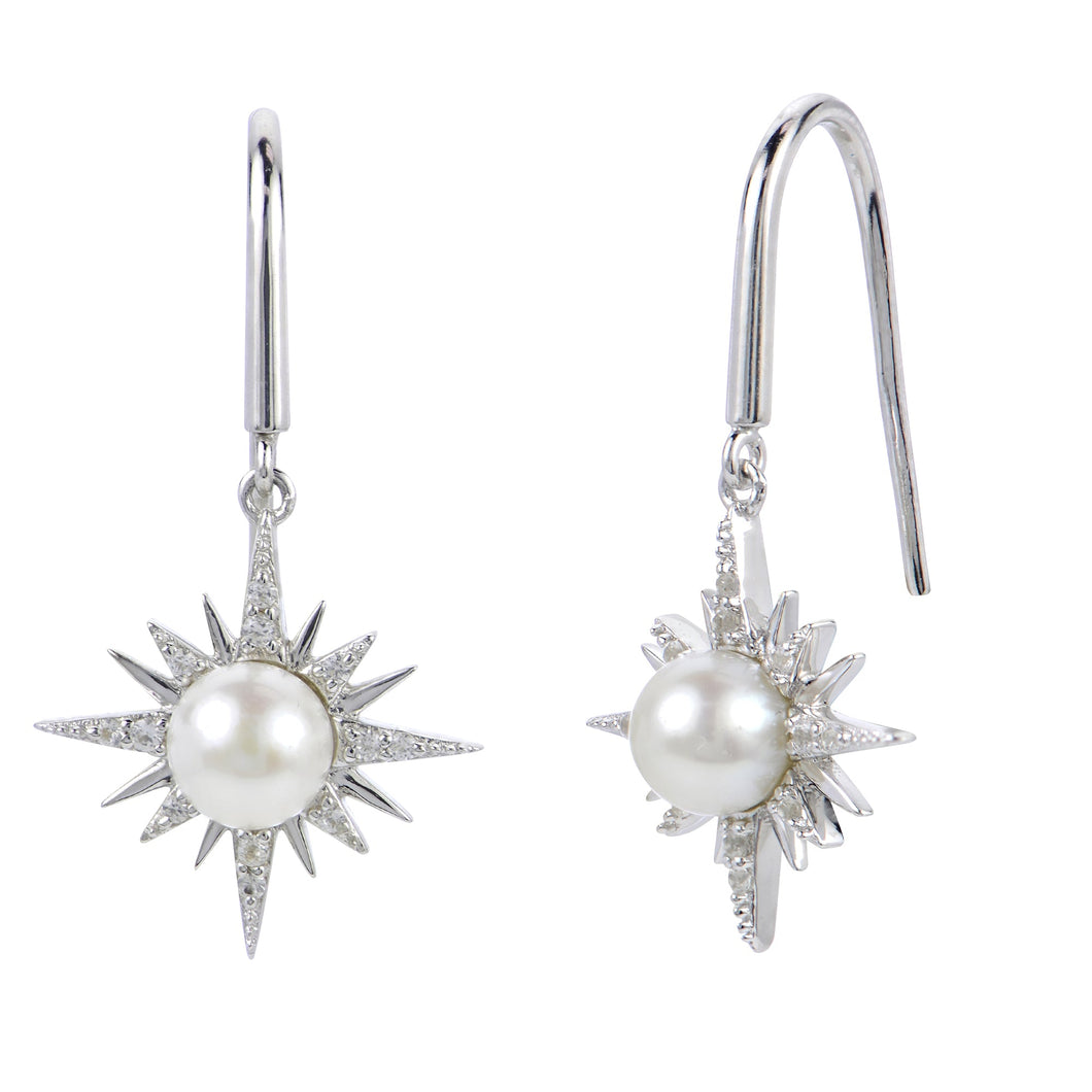 Freshwater Cultured Pearl and Created White Sapphire Sterling Silver Star Drop Earrings