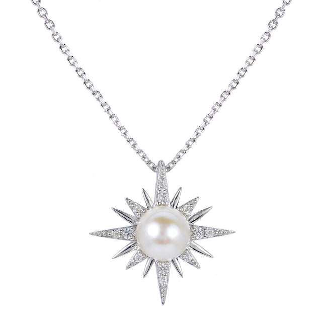 Freshwater Cultured Pearl and Created White Sapphire Sterling Silver Star Pendant Necklace