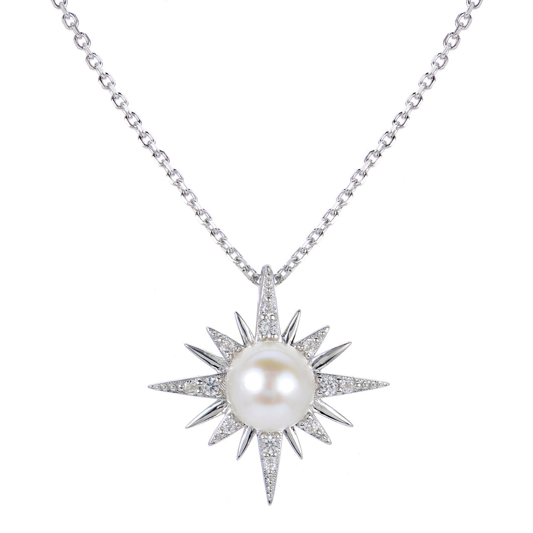 Freshwater Cultured Pearl and Created White Sapphire Sterling Silver Star Pendant Necklace