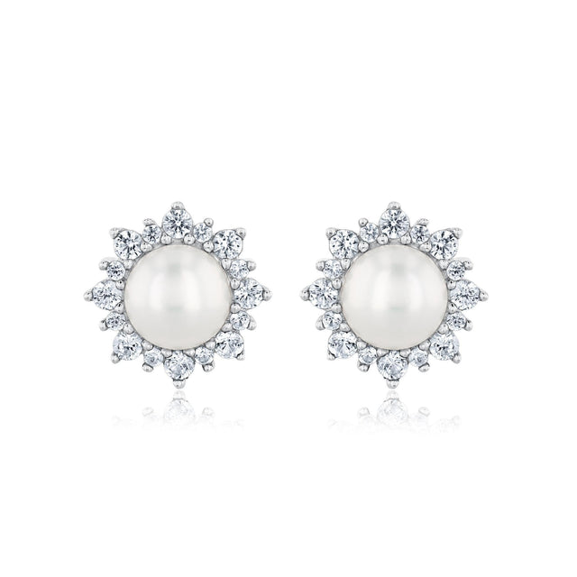 Freshwater Cultured Pearl and Created White Sapphire Stud Earrings