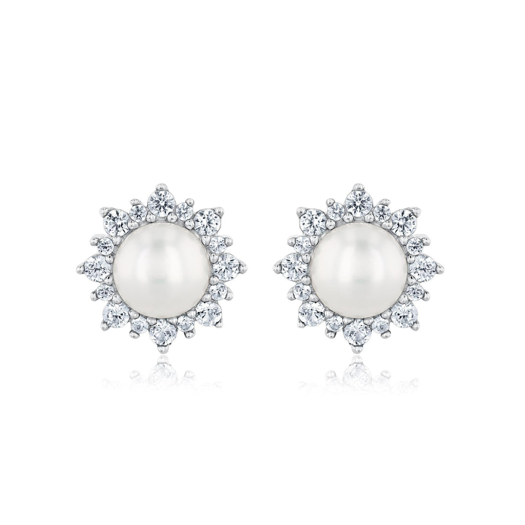 Freshwater Cultured Pearl and Created White Sapphire Stud Earrings