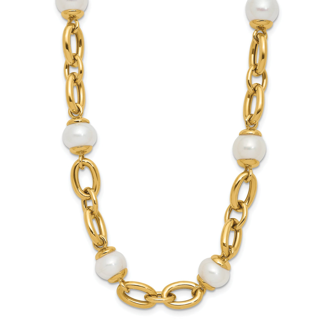 Freshwater Cultured Pearl and Solid Oval Link Yellow Gold Necklace 8mm - 20 Inches