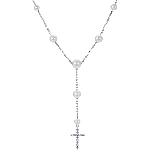 Freshwater Cultured Pearl and Twisted Cross Sterling Silver Y Necklace