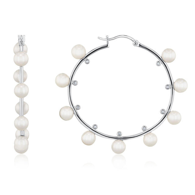 Freshwater Cultured Pearl and White Topaz Sterling Silver Hoop Earrings | 38mm