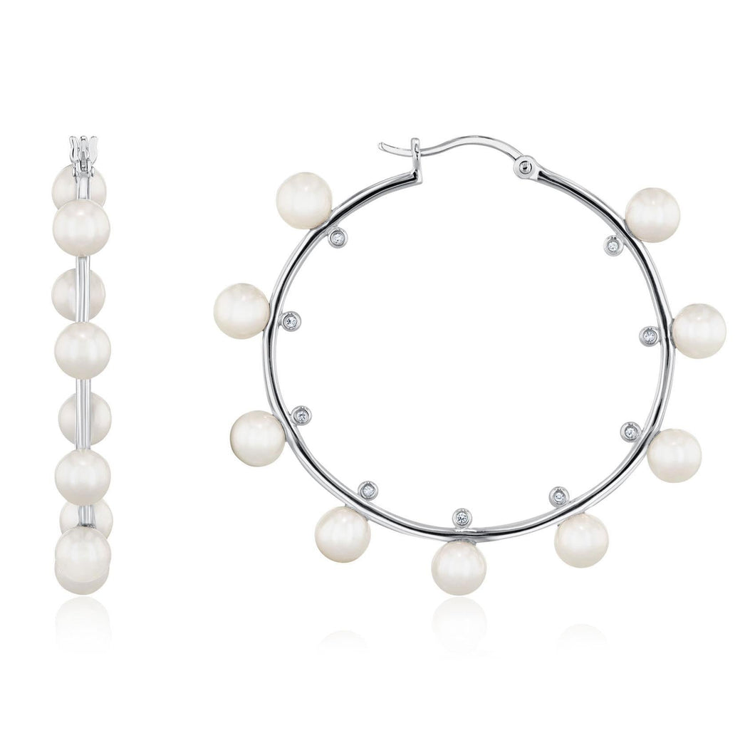 Freshwater Cultured Pearl and White Topaz Sterling Silver Hoop Earrings | 38mm