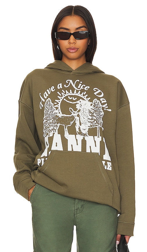 Ganni Isoli Animals Oversized Hoodie in Olive - Ganni Isoli - Sweat à capuche surdimensionné avec animaux - Olive - Ganni Isoli Animals 橄榄色超大连帽衫 - Ganni Isoli Animals Übergroßer Kapuzenpullover in Oliv - Ganni Isoli Animals 올리브 오버사이즈 후디 - Felpa con cappuccio oversize Ganni Isoli Animals in verde oliva