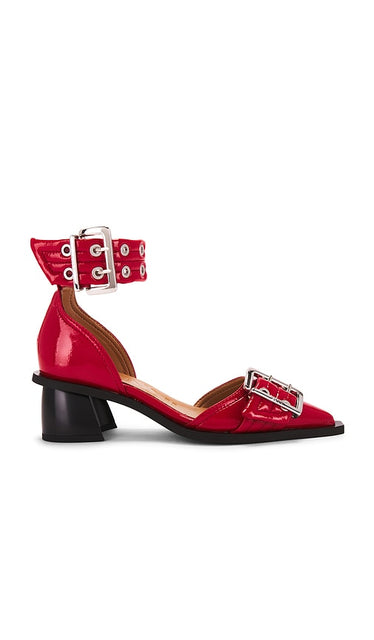 Ganni Feminine Buckle Open Cut Pump in Red | Racing Red Strappy Heels for Women