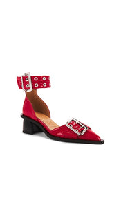 Ganni Feminine Buckle Open Cut Pump in Red
