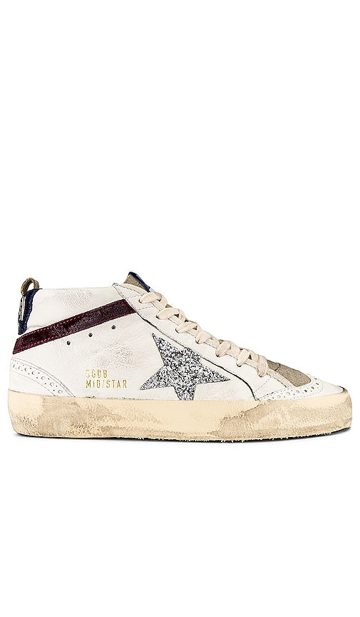 Golden Goose Mid Star Sneaker in White | White  Silver  Wine  & Medieval Lifestyle Sneakers for Women