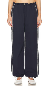 GRLFRND Cinched Waist Wide Leg Pant in Navy