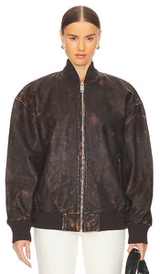 GRLFRND Distressed Leather Oversized Bomber in Brown