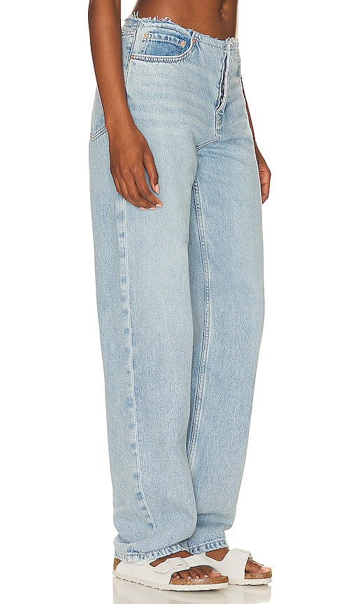 GRLFRND Jordan Low Rise Frayed Waist Boyfriend in Blue