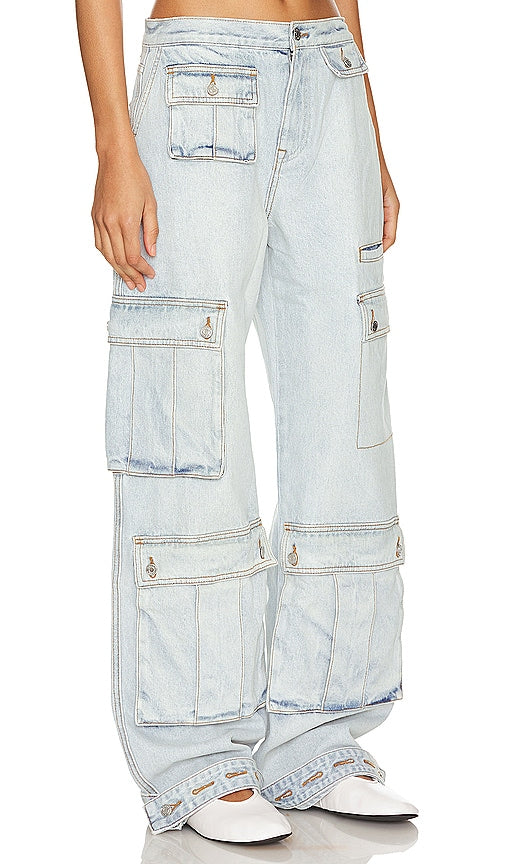 GRLFRND Lara Low Rise Wide Leg Cargo in Blue