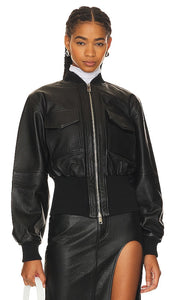 GRLFRND The Cropped Leather Bomber in Black
