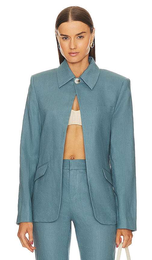 GRLFRND The Linen Midway Blazer in Blue - GRLFRND Le blazer Midway en lin en bleu - GRLFRND 蓝色亚麻 Midway 西装外套 - GRLFRND Der Leinen-Midway-Blazer in Blau - GRLFRND 더 리넨 미드웨이 블레이저 블루 색상 - GRLFRND Il blazer intermedio in lino in blu