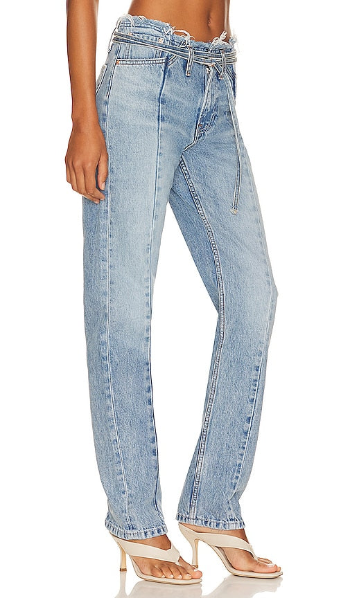 GRLFRND Adriana Belted Frayed Waist Slim Straight in Blue