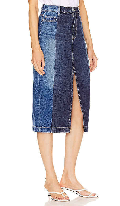 GRLFRND Robin Seamed Tonal Midi Skirt in Blue