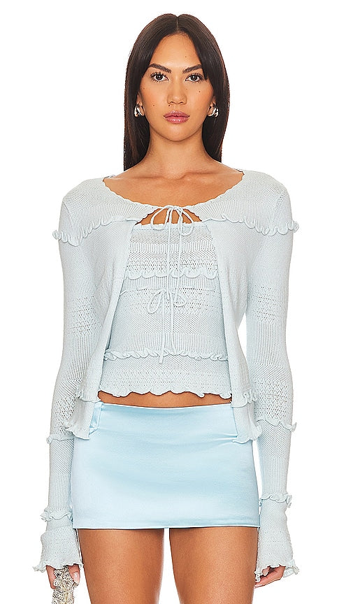 GUIZIO Balena Crochet Cardigan in Baby Blue - GUIZIO Cardigan au crochet Balena en bleu bébé - GUIZIO Balena 淡蓝色钩编开衫 - GUIZIO Balena Häkel-Cardigan in Babyblau - GUIZIO Balena 크로셰 가디건베이비 블루 색상 - Cardigan all'uncinetto GUIZIO Balena in celeste