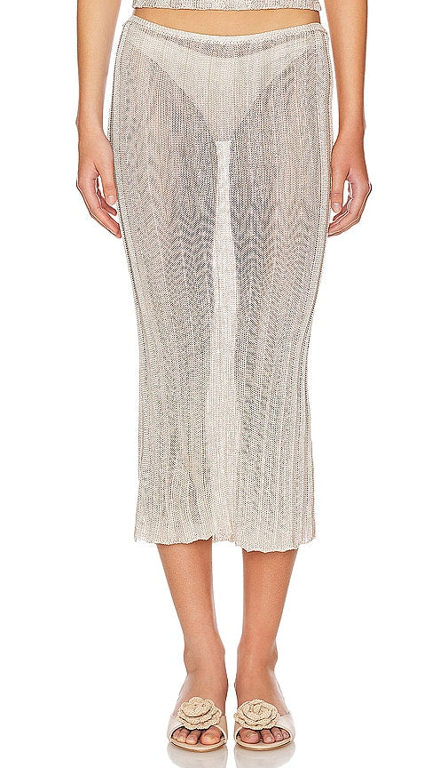 GUIZIO Slinky Rib Knit Midi Skirt in Metallic Silver - Jupe mi-longue en tricot côtelé Slinky GUIZIO en argent métallisé - GUIZIO 金属银色紧身罗纹针织中长半身裙 - GUIZIO Slinky Rippstrick-Midirock in Metallic-Silber - GUIZIO 슬링키 리브 니트 미디 스커트 - Gonna midi in maglia a coste Slinky GUIZIO in argento metallizzato