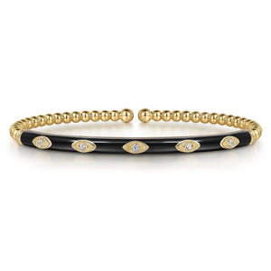 Gabriel & Co. Yellow Gold 1/10ctw Diamond Bujukan Beads Black Enamel Split Bangle Bracelet