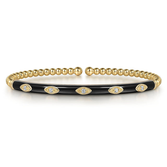 Gabriel & Co. Yellow Gold 1/10ctw Diamond Bujukan Beads Black Enamel Split Bangle Bracelet