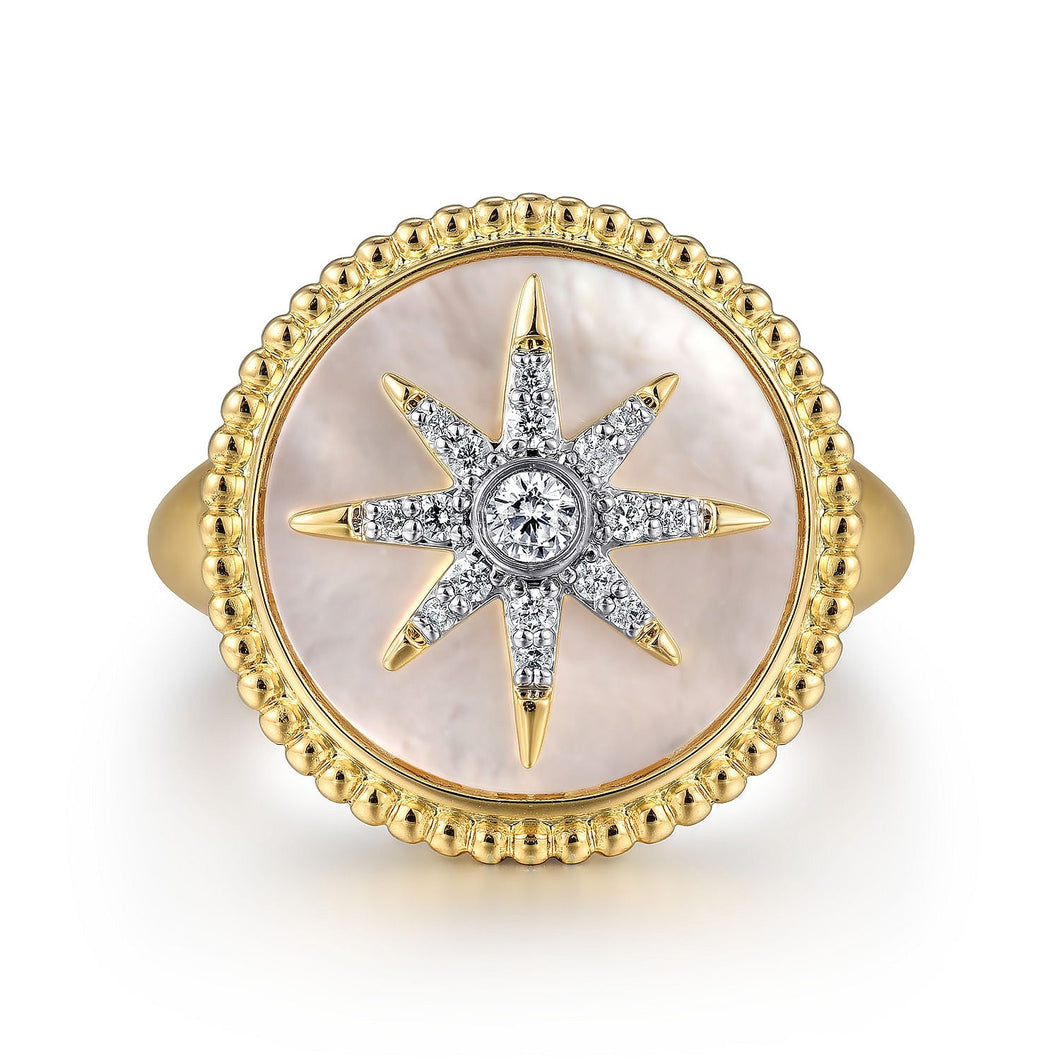 Gabriel & Co. Yellow Gold Mother of Pearl Inlay and 1/6ctw Diamond Starburst Signet Ring