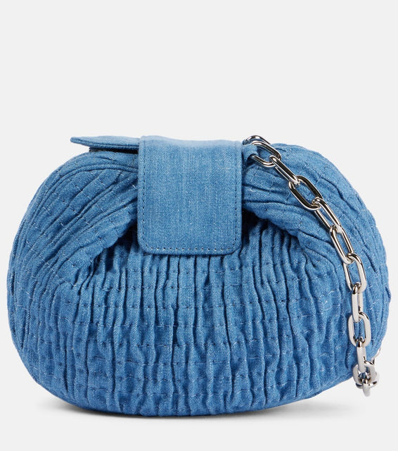 Gabriela Hearst Demi ruched denim wallet on chain. Shop Gabriela Hearst Clutches for women now.