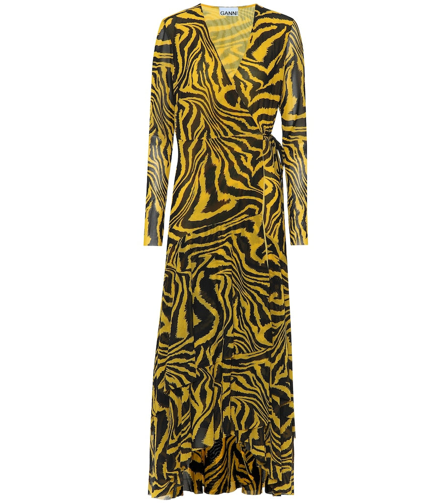 Ganni Animal-print mesh wrap dress. Ganni 动物纹网纱裹身裙