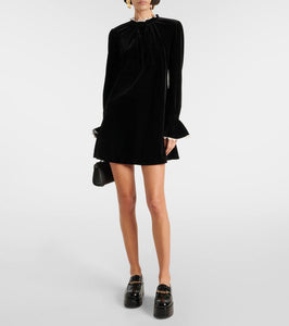 Ganni Bow-detail velvet jersey minidress
