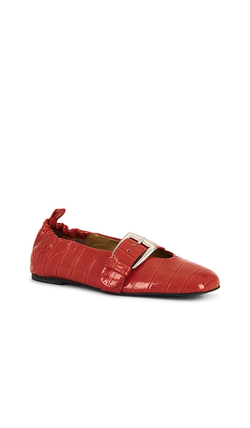 Ganni Butterfly Strap Shiny Croco Ballerina Flat in Rust