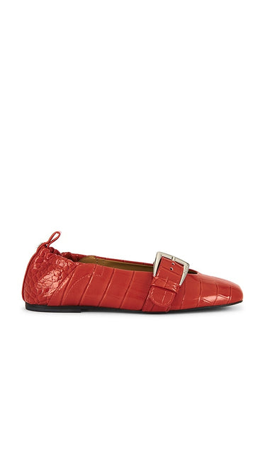 Ganni Butterfly Strap Shiny Croco Ballerina Flat in Rust | Orange Ballet Flats for Women