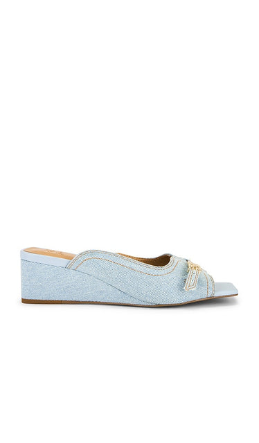 Ganni Butterfly Wedge Mule Sandal Denim in Denim-Light | Niagara Mist Open Toe Mules for Women