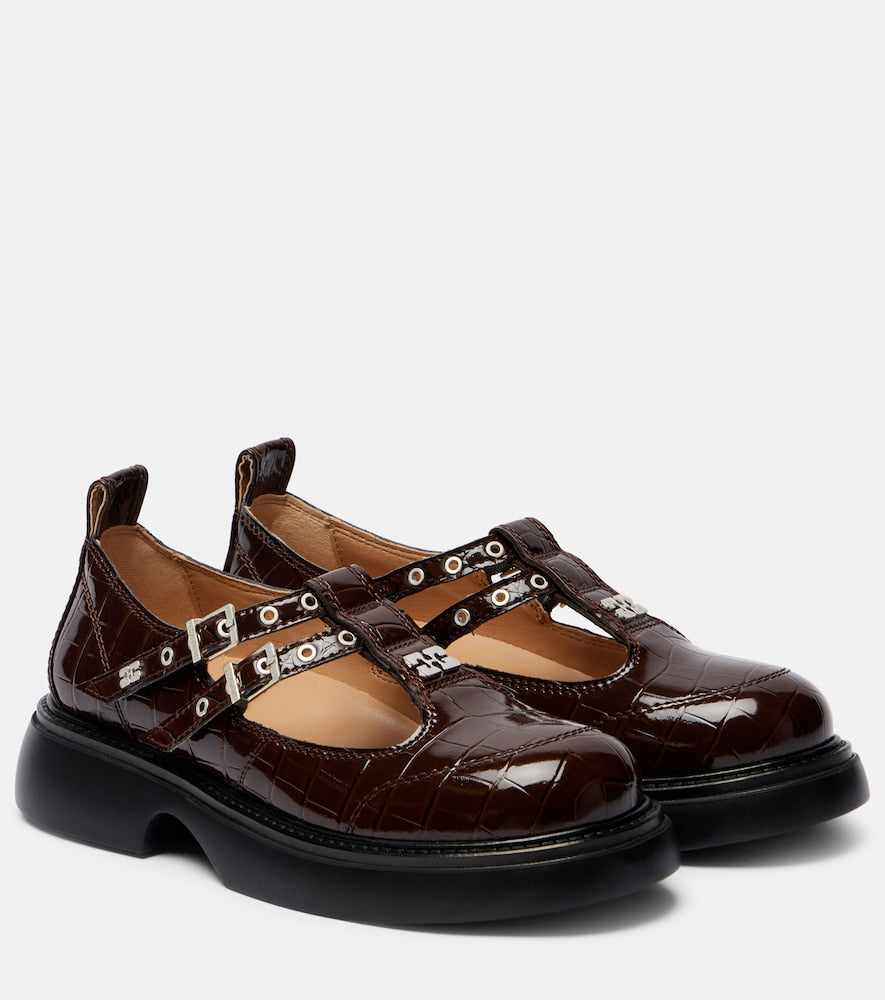 Ganni Croc-effect Mary Jane flats