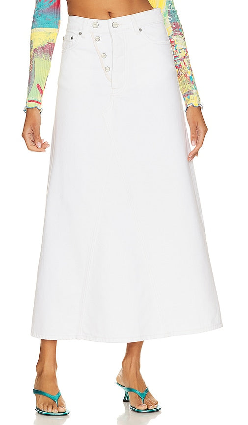 Ganni Denim Double Fly Maxi Skirt in White - Ganni - Jupe longue en jean à double braguette en blanc - Ganni 白色双门襟超长牛仔裙 - Ganni Denim Double Fly Maxirock in Weiß - Ganni 데님 더블 플라이 맥시 스커트 화이트 색상 - Gonna lunga Ganni Denim Double Fly in bianco