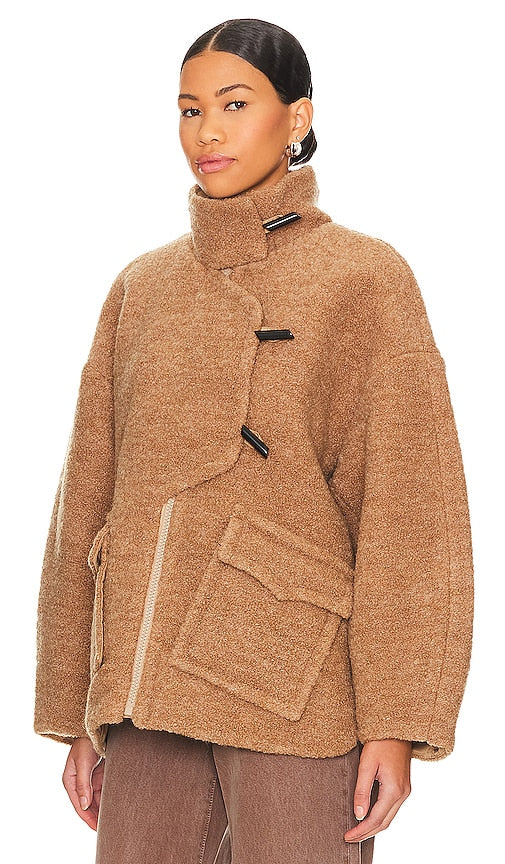 Ganni Drop Shoulder Boucle Jacket in Tan