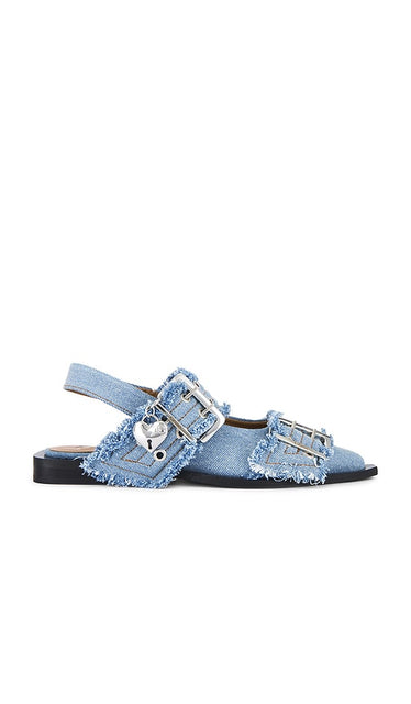 Ganni Feminine Buckle Ballerina in Blue | Faded Denim Flat Sandals for Women
