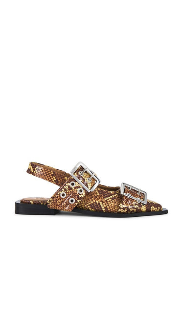 Ganni Feminine Buckle Ballerina in Brown | Buckthorn Brown Flat Sandals for Women