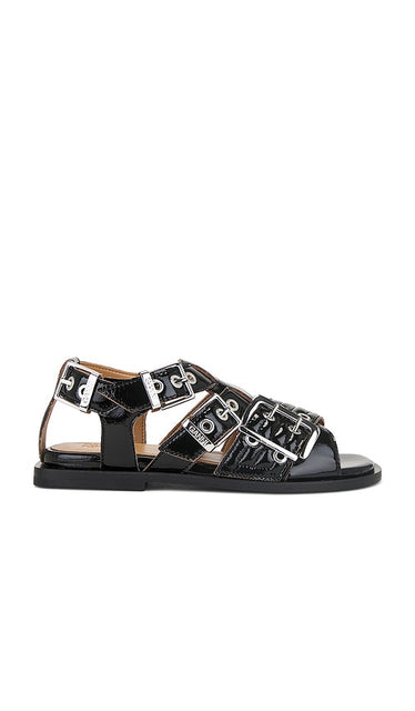 Ganni Feminine Buckle Sandal in Black | Black Flat Sandals for Women