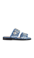 Ganni Feminine Buckle Sandal in Blue | Faded Denim Flat Sandals for Women