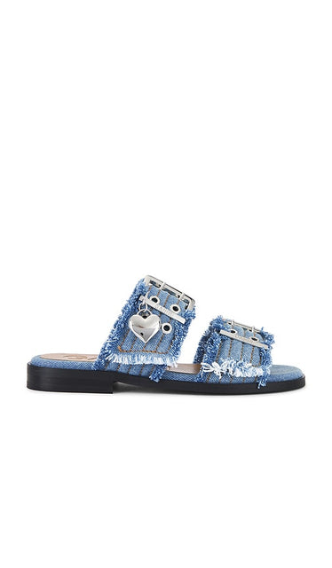 Ganni Feminine Buckle Sandal in Blue | Faded Denim Flat Sandals for Women