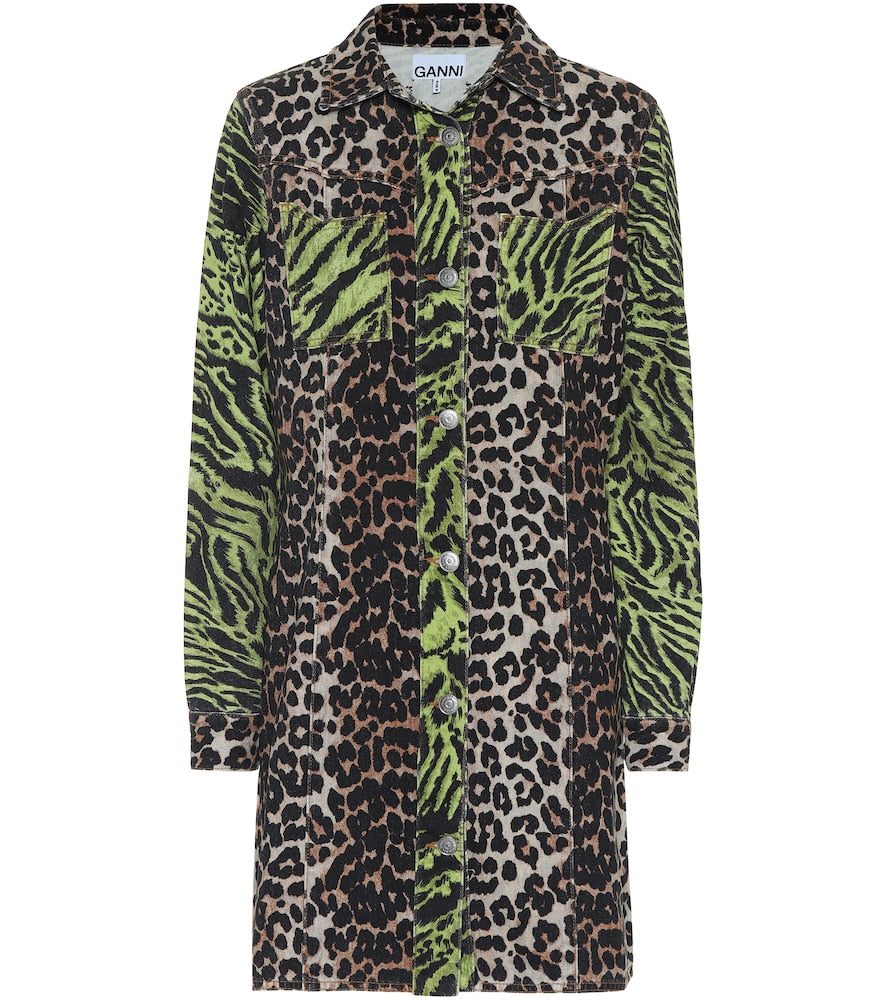 Ganni Leopard-print denim shirt dress. Ganni 豹纹牛仔衬衫裙