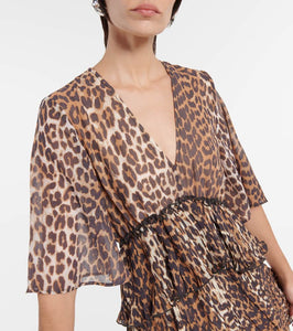 Ganni Leopard-print georgette minidress